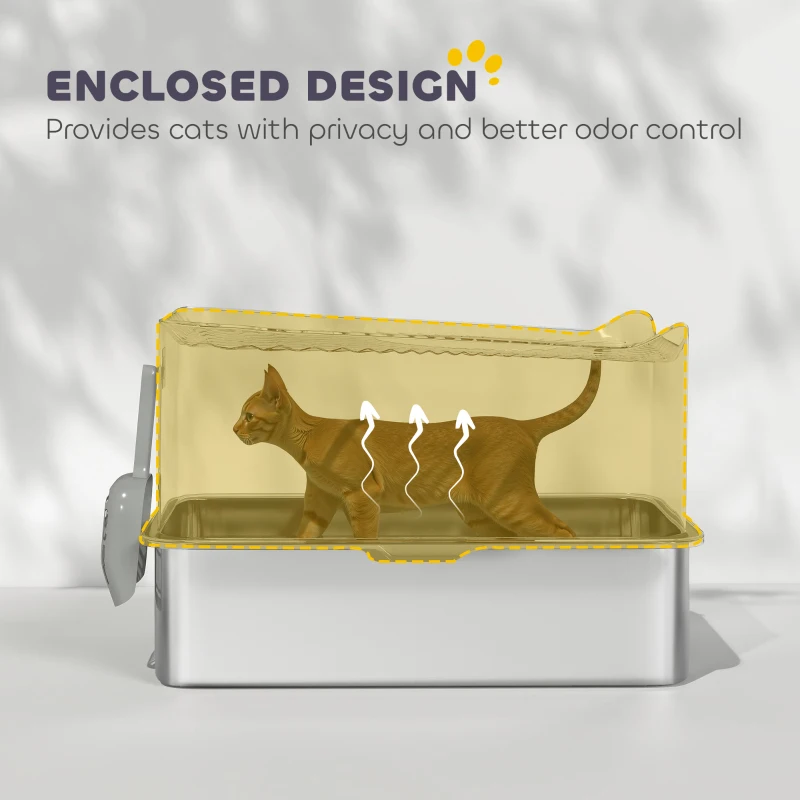 PawHut Stainless Steel Cat Litter Tray, Extra Large Enclosed Litter Box with Scoop, Top Entrance, Non-slip Pads, Dark Grey