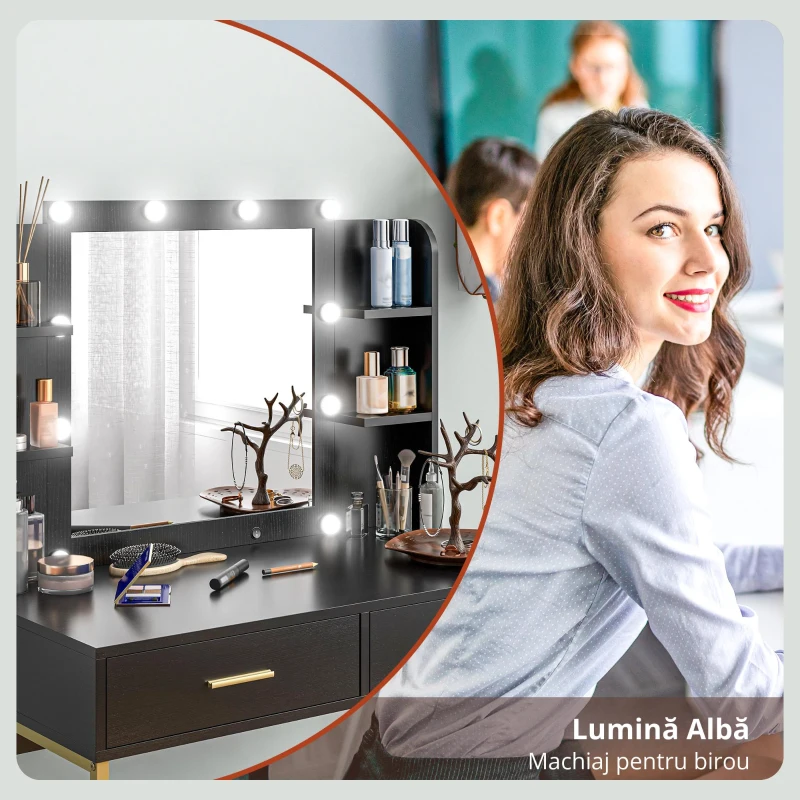 HOMCOM Masă de Machiaj cu Oglindă, 10 Becuri și Taburet Căptușit, 90x45x132,5 cm, Negru