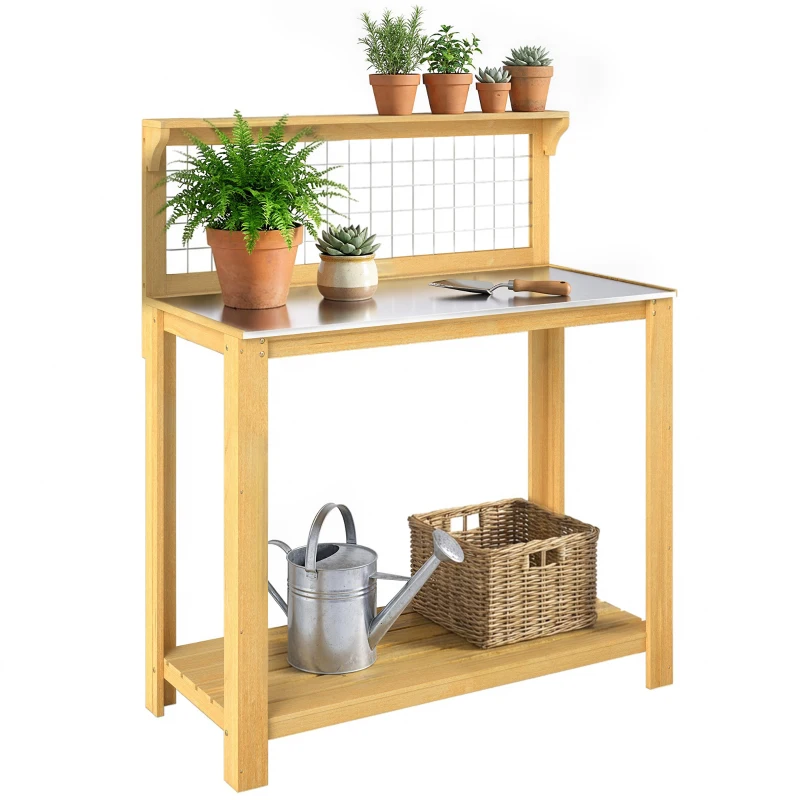 Outsunny Wooden Potting Bench Table with Aluminium Worktop, Outdoor Garden Workbench with 2 Shelves