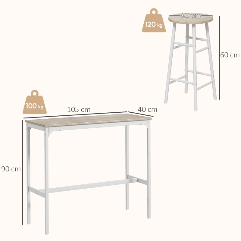 HOMCOM Mesa Alta de Cocina con Taburetes Marco de Acero Estilo Industrial Mesa Alta para Comedor Natural y Blanco