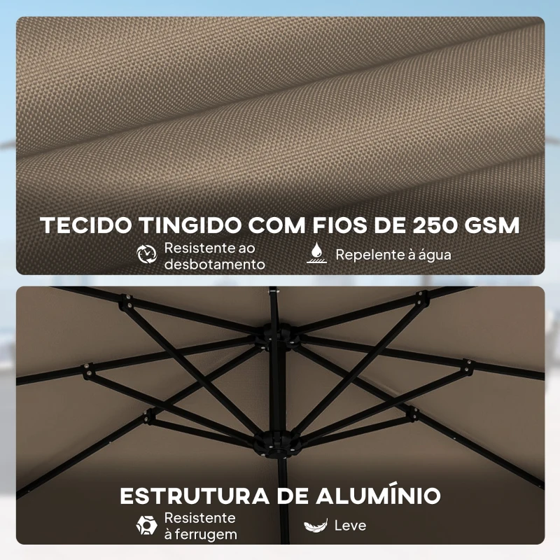 Outsunny Chapéu de Sol Excêntrico 2,9x2,9 m de Alumínio com Manivela Inclinação Ajustável Giratório 360° Base Cruzada e Capa Cáqui