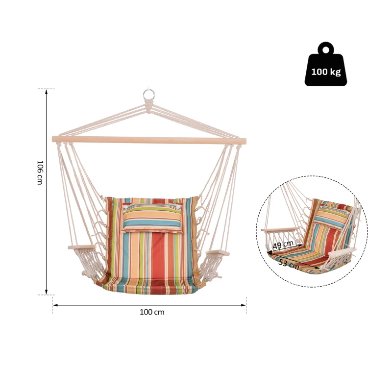 Outsunny Silla Colgante Estampado Rayas Hamaca con Cojín Reposacabezas para Interior Exterior 100x106 cm Carga Máx. 100 kg