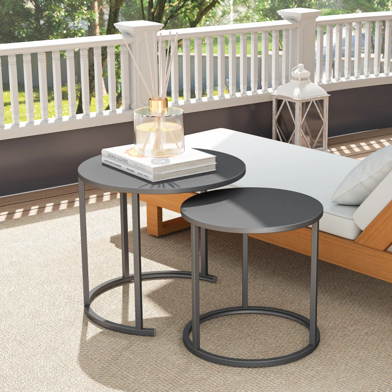 Outsunny Set de 2 măsuțe laterale stivabile masă rotundă de grădină rezistentă la intemperii masă de balcon din oțel economisitoare de spațiu gri închis