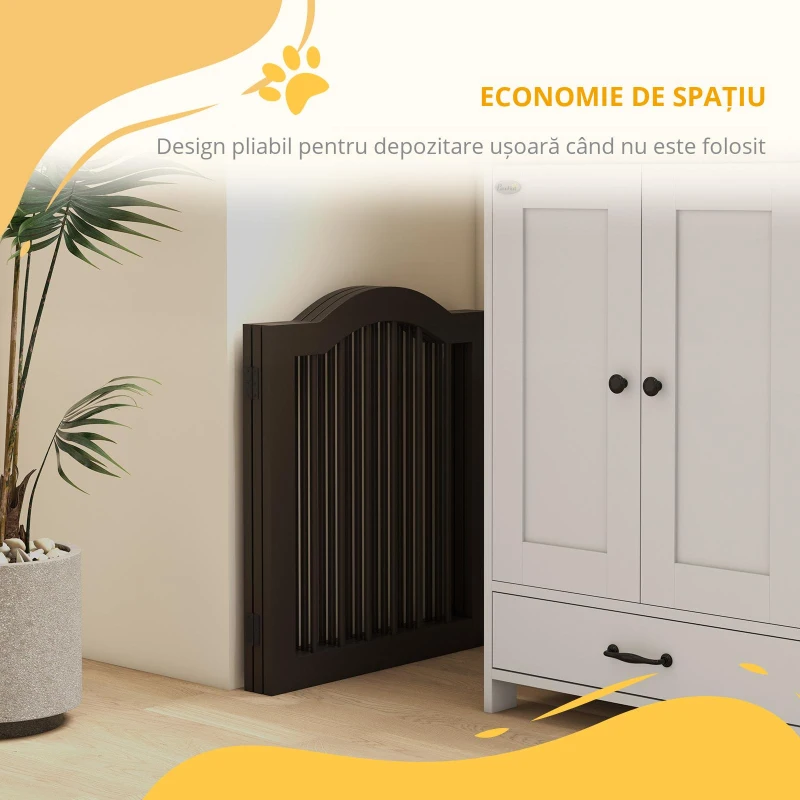 PawHut Barieră Pliabilă pentru Câini cu 3 Secțiuni din Lemn și Picioare, 154,5x29,5x61 cm, Cafeniu