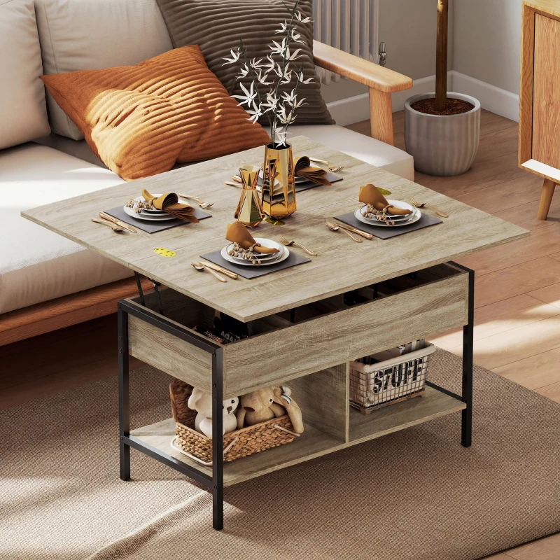 HOMCOM Table basse relevable et extensible, table de salon avec compartiment caché étagères ouvertes, 98x49x55cm, bois naturel