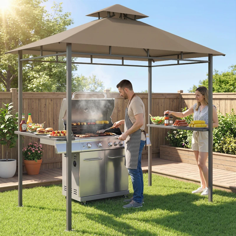 Outsunny Cobertizo para barbacoa exterior, pérgola de jardín 245x146x255 cm en metal, doble techo, 2 estantes laterales, marrón