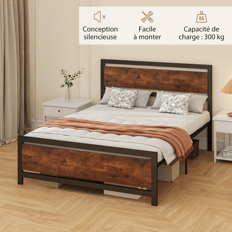 HOMCOM Cadre de lit double en acier avec sommier et tête de lit compatible matelas 190 x 140 cm brun rustique