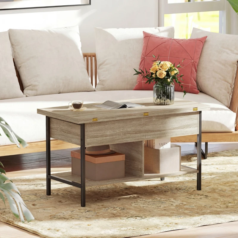 HOMCOM Table basse relevable et extensible, table de salon avec compartiment caché étagères ouvertes, 98x49x55cm, bois naturel