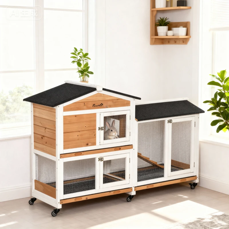 PawHut Rabbit Hutch Outdoor with Run Guinea Pig Hutch 2-Tier Bunny Cage w/ Wheels No-Leak Plastic Tray 157.4 x 53 x 99.5 cm - Yellow