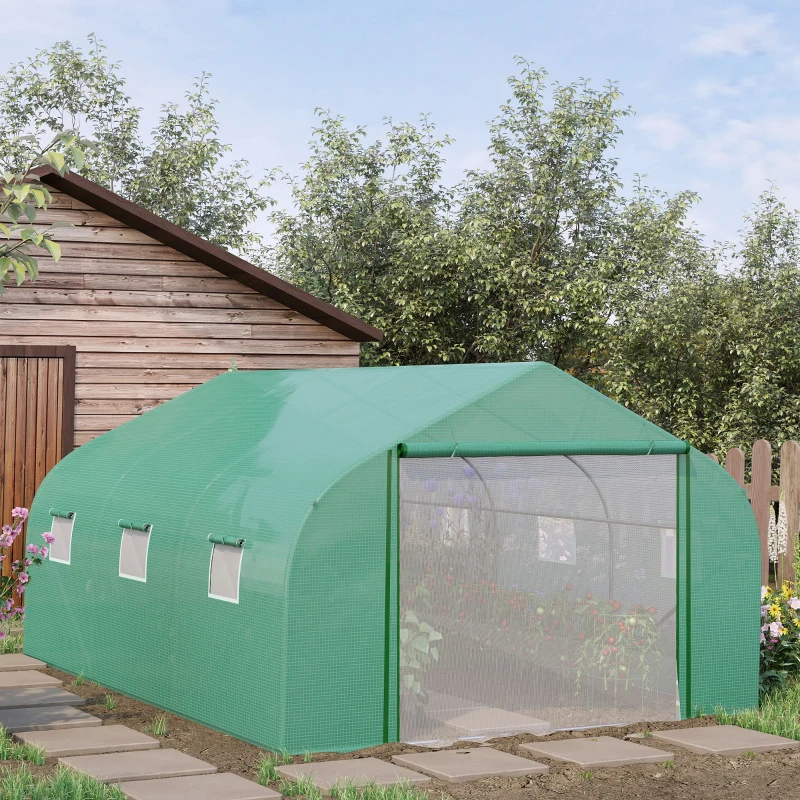 Outsunny Walk-in Polytunnel Garden Greenhouse, Outdoor Mesh Door Greenhouse with PE Cover and 6 Windows, 4.5 x 3 x 2m, Green