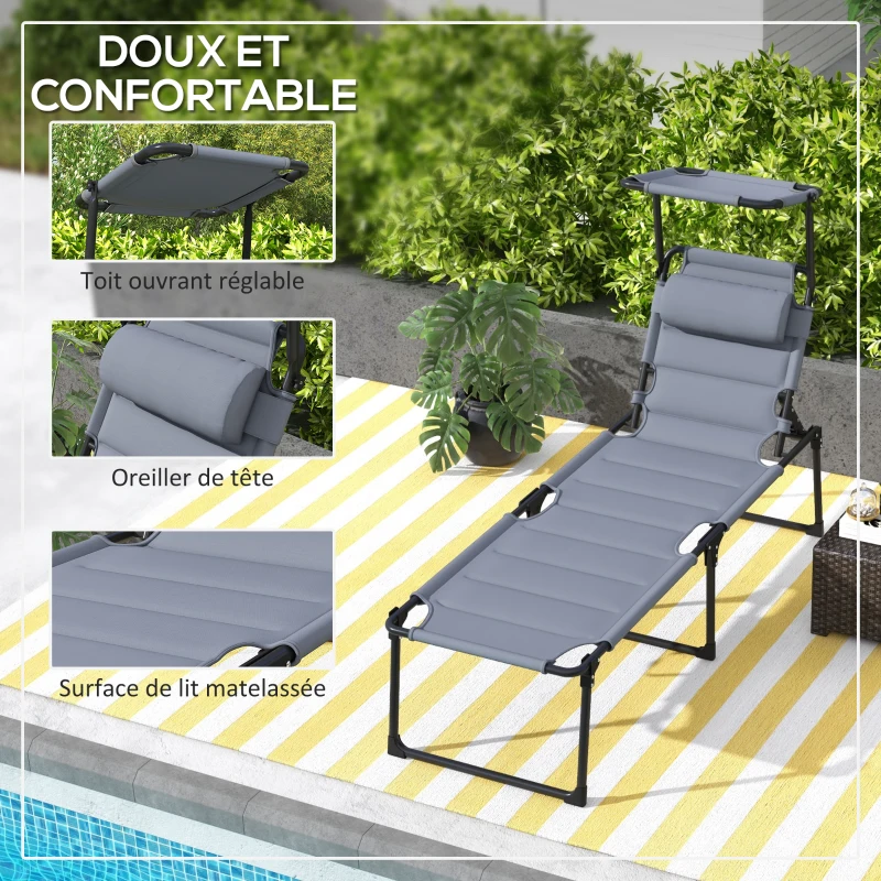 Outsunny Lot de 2 Bains de soleil transats pliables grand confort dossier pare-soleil réglables multi-positions, crème