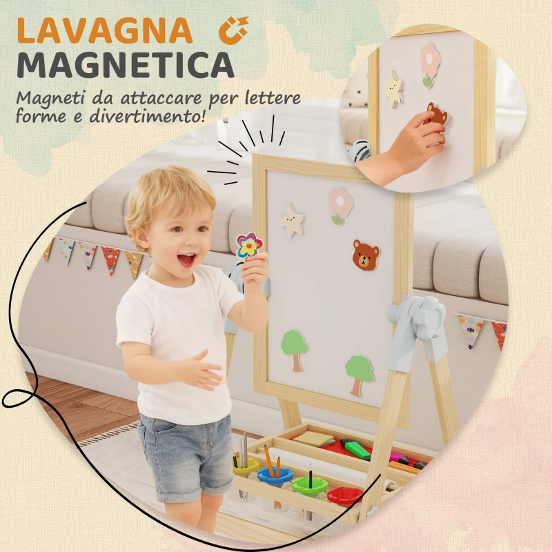AIYAPLAY Cavalletto per Bambini Doppia Lavagna per Gesso e Pennarelli, Lavagnetta Magnetica e Rotolo di Carta, Legno