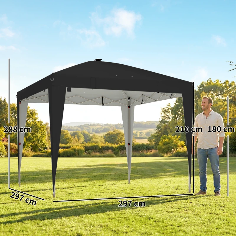 Outsunny Pavillon 3x3 m Faltbar Pop-Up, höhenverstellbar, UV50+ Gartenpavillon mit zentraler Leuchte & USB, Fernbedienung, Tragetasche, für Außen, Camping, Partys, Schwarz