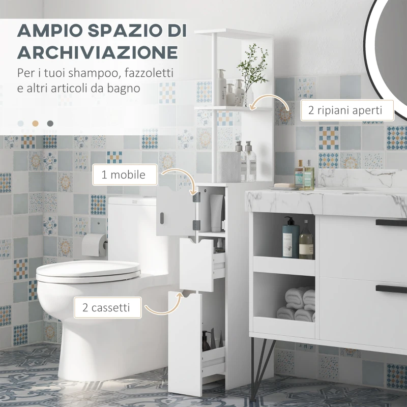 HOMCOM Mobile Colonna Bagno Salvaspazio con Armadietto, Ripiani e Cassetti, 15x33x136.8 cm, Bianco