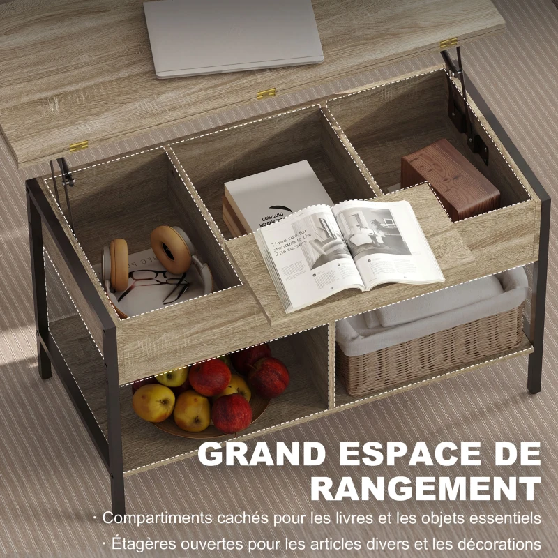 HOMCOM Table basse relevable et extensible, table de salon avec compartiment caché étagères ouvertes, 98x49x55cm, bois naturel