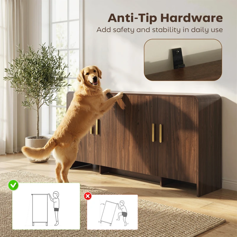 HOMCOM Aparador de Sala Móvel de Arrumação com 4 Portas com Fecho Suave 4 Compartimentos e Bordas Arredondadas 152x40x80 cm Nogueira