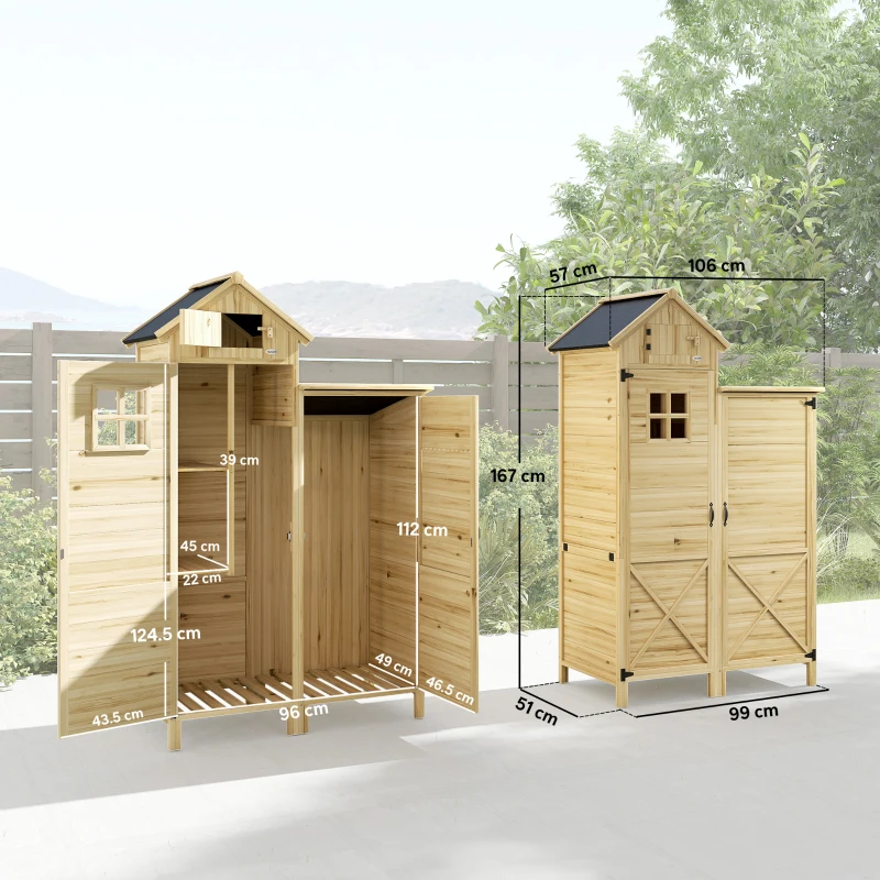 Outsunny Wooden Shed with Double-Zone Design, Garden Tool Shed, Natural Wood