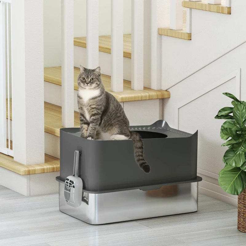 PawHut Stainless Steel Cat Litter Tray, Extra Large Enclosed Litter Box with Scoop, Top Entrance, Non-slip Pads, Dark Grey