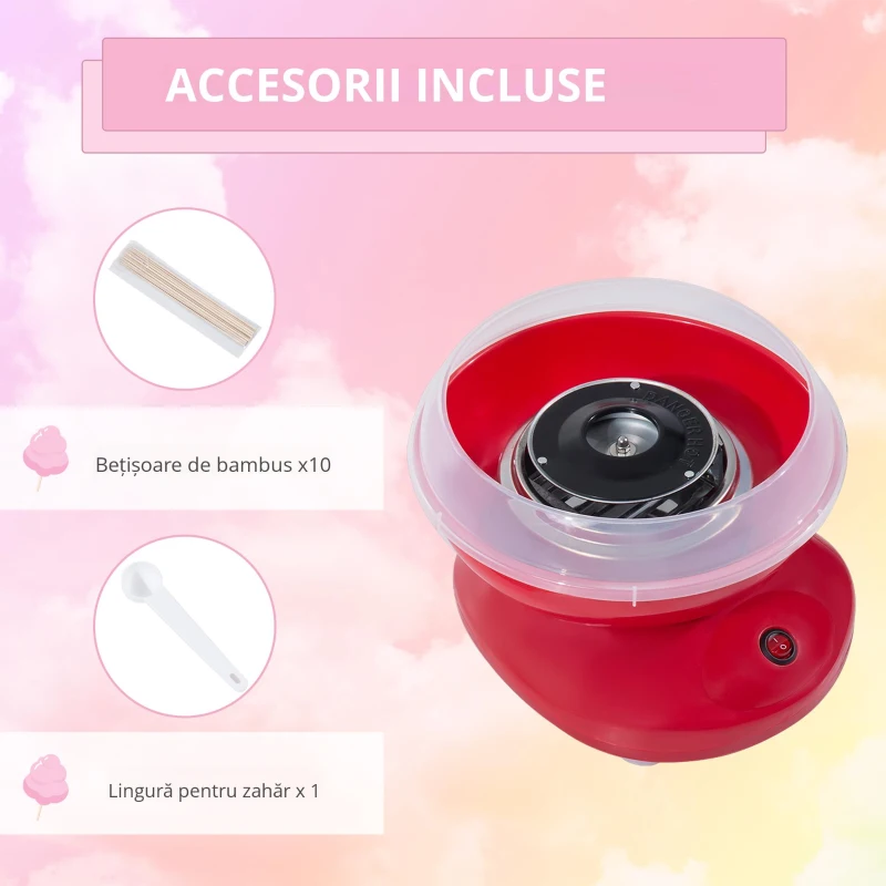 HOMCOM Aparat pentru Vată de Zahăr 450W din PP, Inox și Aluminiu 27x26x18 Roșu