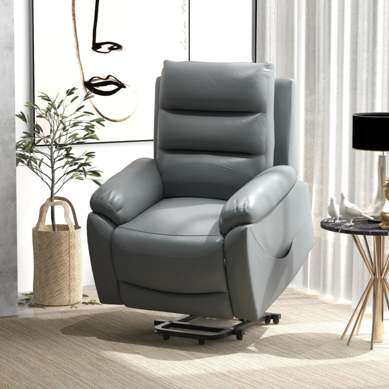 HOMCOM Electric Riser and Recliner with 8 Vibration Massage, PU Leather Power Lift Recliner Chair for Living Room with Side Pockets, Footrest, Grey