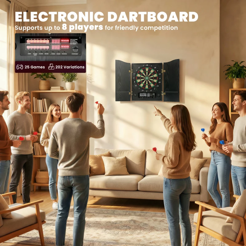 SPORTNOW Elektronisch dartbord E-dartboard met deuren in houtlook, LED-display, spraakmeldingen, 6 dartpijlen, 24 reservepunten