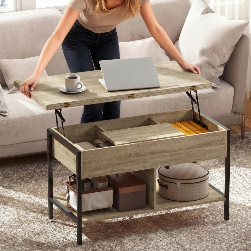 HOMCOM Table basse relevable et extensible, table de salon avec compartiment caché étagères ouvertes, 98x49x55cm, bois naturel