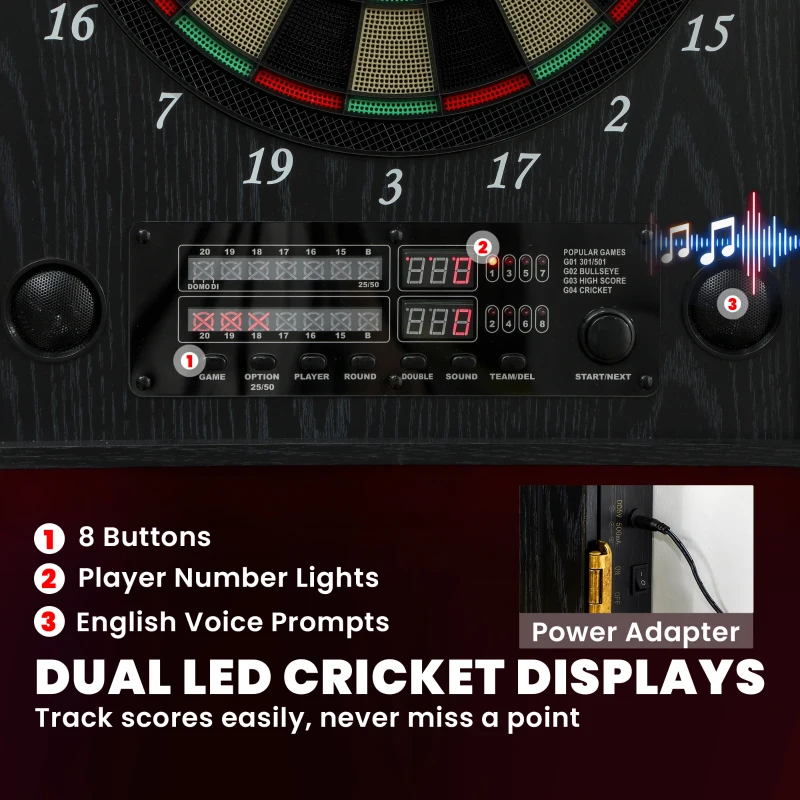 SPORTNOW Elektronisch dartbord E-dartboard met deuren in houtlook, LED-display, spraakmeldingen, 6 dartpijlen, 24 reservepunten
