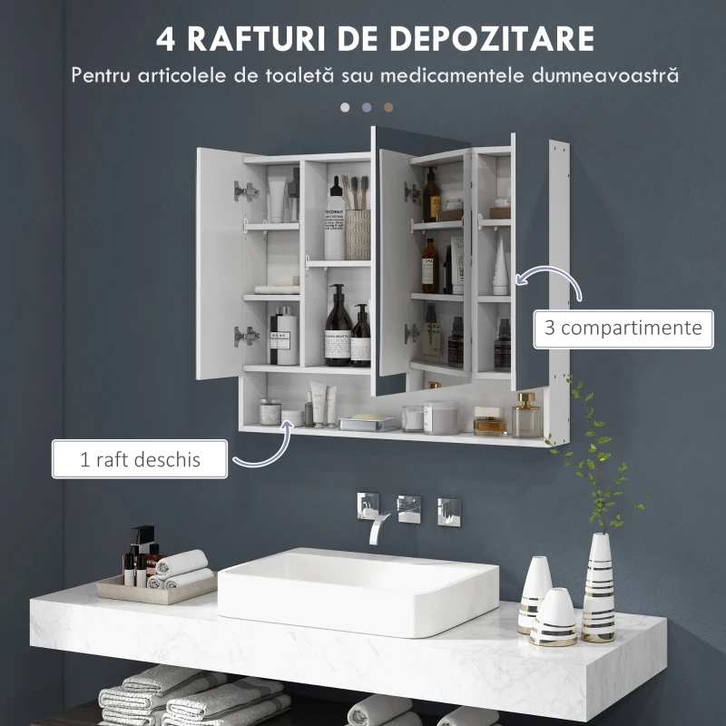 kleankin Dulap de Baie Montat pe Perete cu Oglindă și Rafturi Reglabile, Alb