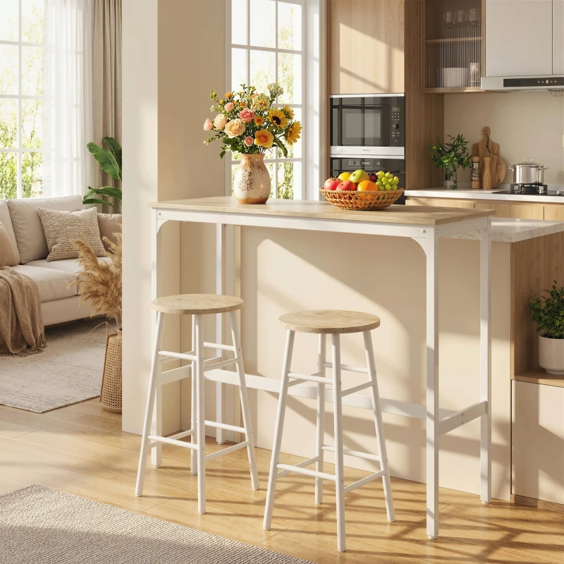 HOMCOM Mesa Alta de Cocina con Taburetes Marco de Acero Estilo Industrial Mesa Alta para Comedor Natural y Blanco