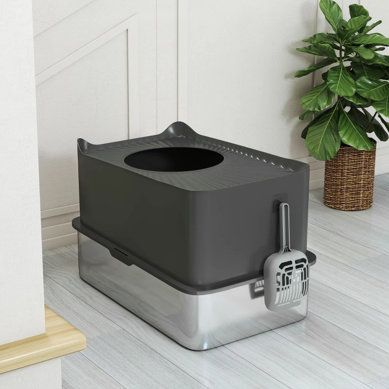 PawHut Stainless Steel Cat Litter Tray, Extra Large Enclosed Litter Box with Scoop, Top Entrance, Non-slip Pads, Dark Grey