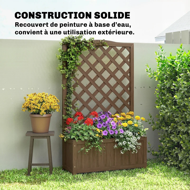 Outsunny Jardinière avec treillis, bac à fleurs, pour plantes grimpantes, légumes, fleurs, en bois massif, 70x28x117cm café foncé