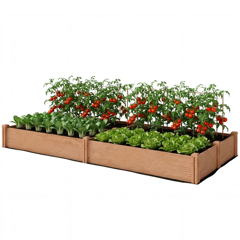 Outsunny Pat de grădină pătrat din lemn, 4 zone de cultură, fond deschis, montaj fără unelte, 234x109x25cm, maro deschis