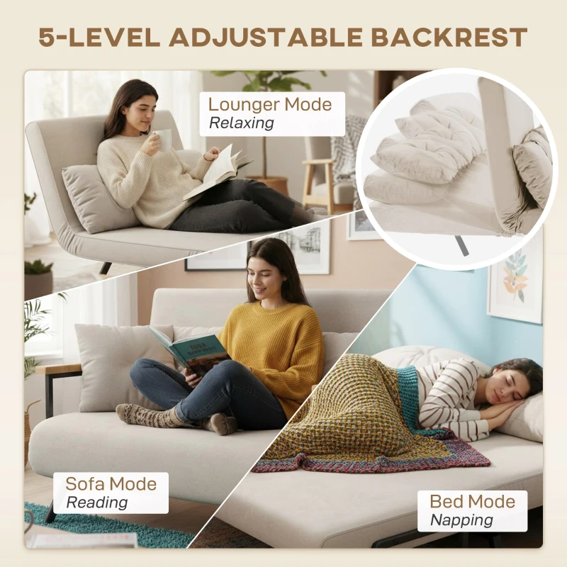 HOMCOM 4-in-1 Velvet-Feel Double Sofa Bed, with Pillows - Beige