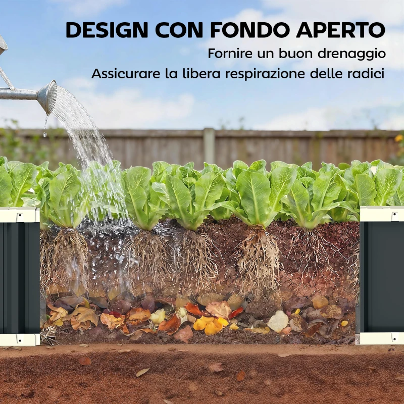 Outsunny Letto per Orto Rialzato con Fondo Aperto e Bordi Piegati in Acciaio, 136x52x31 cm, Grigio Scuro