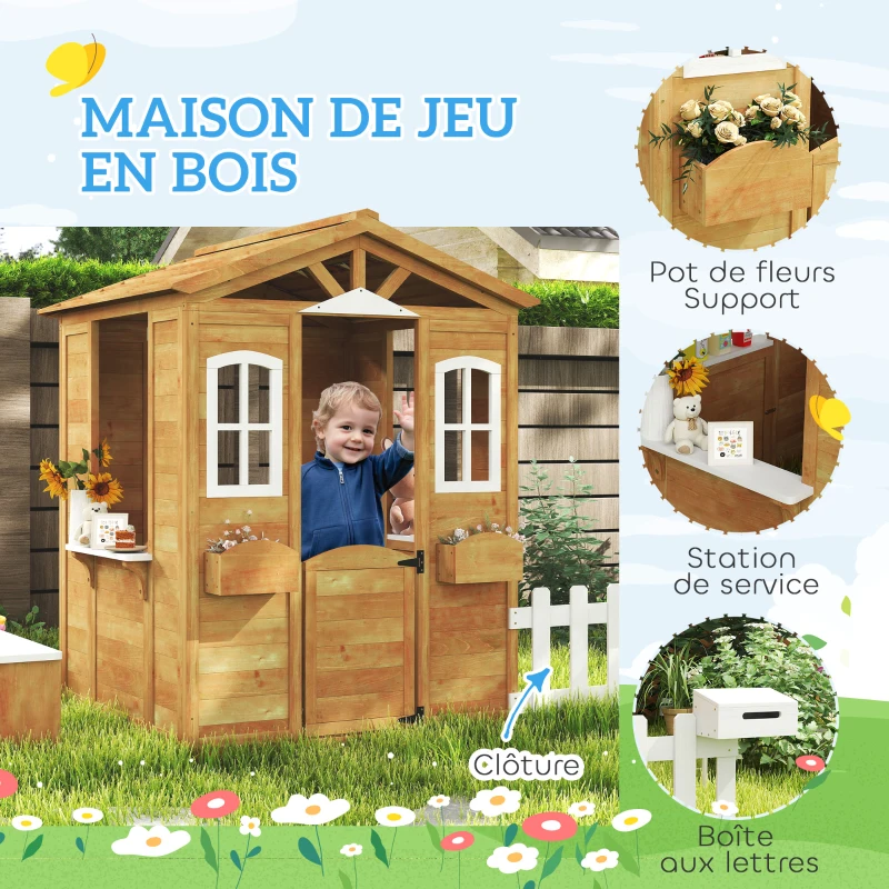 Outsunny Cabane de jeu pour enfant maison de jardin en bois porte et fenêtres, banc, boite aux lettres, clôture, de 3 à 6 ans