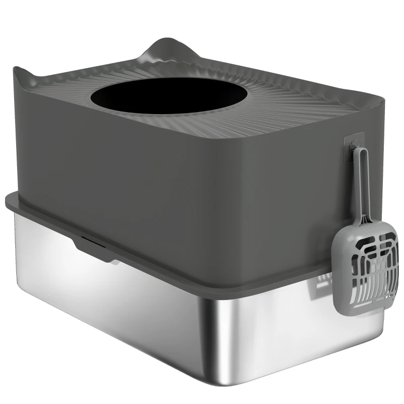 PawHut Stainless Steel Cat Litter Tray, Extra Large Enclosed Litter Box with Scoop, Top Entrance, Non-slip Pads, Dark Grey