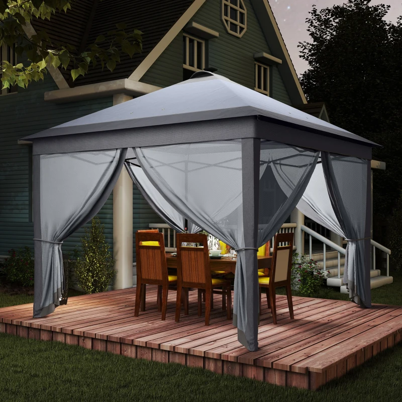 Outsunny Pavilion pliant 3,3 x 3,3 m cu iluminare LED, draperii din plasă, geantă de transport, Gri
