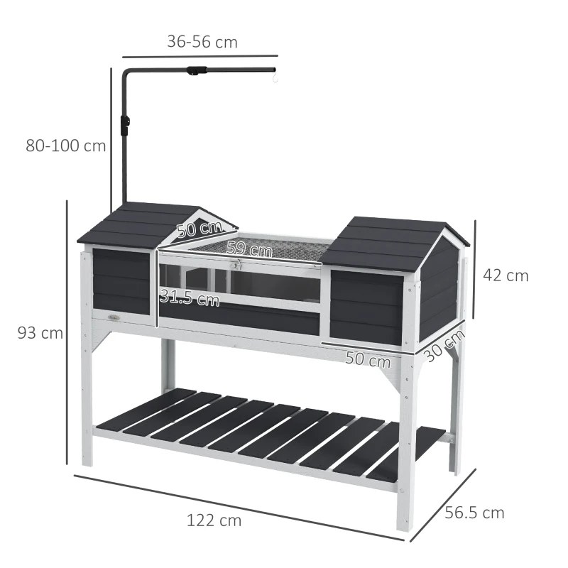 PawHut Casă pentru țestoase terestre de exterior incintă pentru țestoase 2 ascunzători suport de lampă reglabil lemn masiv 122 x 56,5 x 93 cm gri