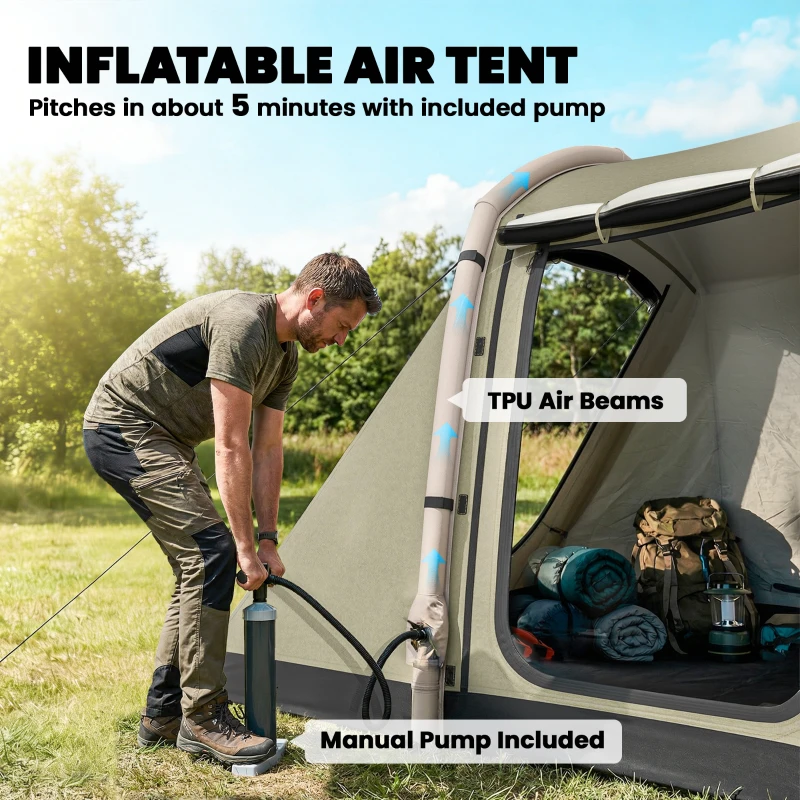 Outsunny Opblaasbare Tent voor 5-6 Personen - Snel Op te Zetten Buitentent met Pomp, Mesh Ramen en Luifel