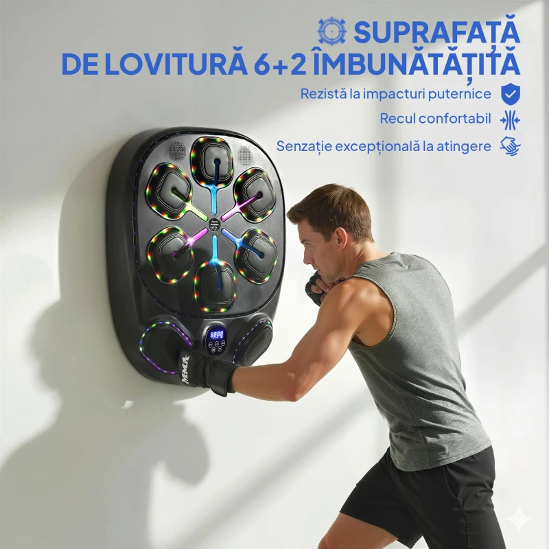 SPORTNOW Aparat de Box Muzical Montat pe Perete cu 9 Moduri, Lumini LED și Conexiune Bluetooth, 61x48x11 cm, Negru