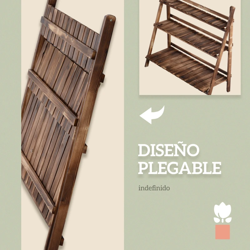 Outsunny Soporte para Plantas de Madera de 3 Niveles para Interior y Exterior Terraza Jardín 100x37x93 cm Carbonizado
