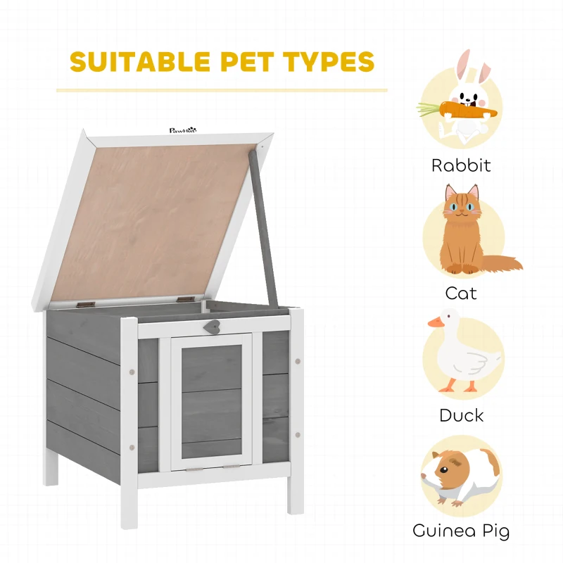 PawHut Wooden Rabbit Hutch Outdoor, Guinea Pig Hutch, Rabbit Hideaway, Cat House, Bunny Cage Small Animal House with Openable Roof, 51 x 42 x 43 cm, Grey