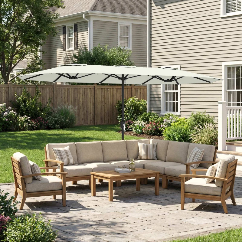 Outsunny Sombrilla Doble 4,6x2,6 m con Manivela y Protección UV50+, Blanco Crema