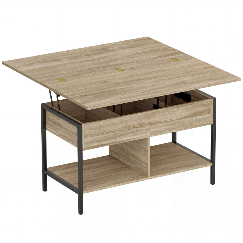 HOMCOM Table basse relevable et extensible, table de salon avec compartiment caché étagères ouvertes, 98x49x55cm, bois naturel