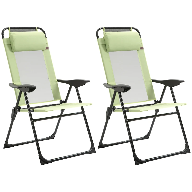 Outsunny Folding Garden Chairs Set of 2, 5-Position Recliner Camping Chair with High Back, All Weather Texteline Seat, Portable Outdoor Dining Chairs with Headrests for Patio, Picnic, Green