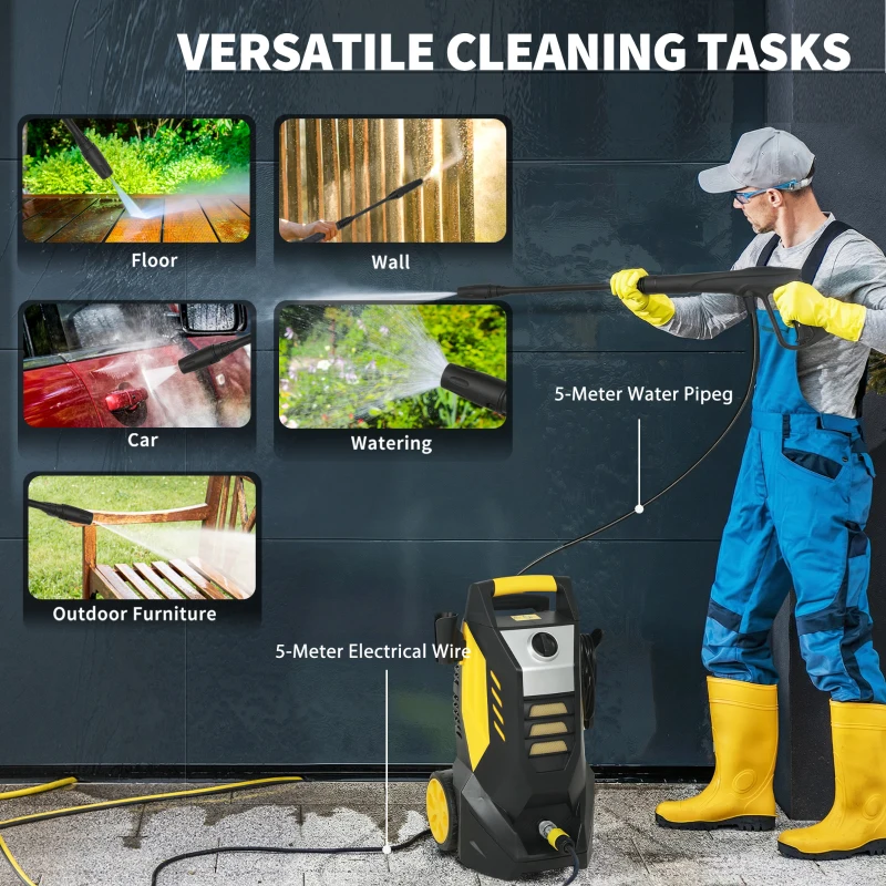 Outsunny Idropulitrice 1800 W con pressione 135 bar e tubo da 5 m, ugello regolabile e maniglie