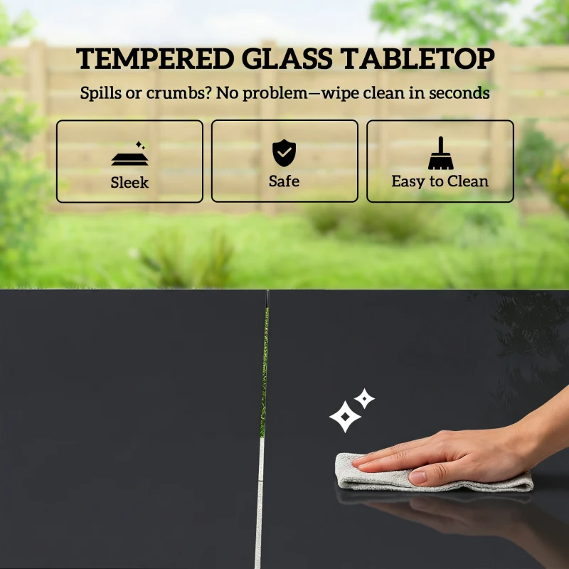 Outsunny Zestaw Mebli Ogrodowych 150 x 80cm Stół Szklany z 6 Oddychającymi Krzesłami Dekoracyjne Podłokietniki Czarny