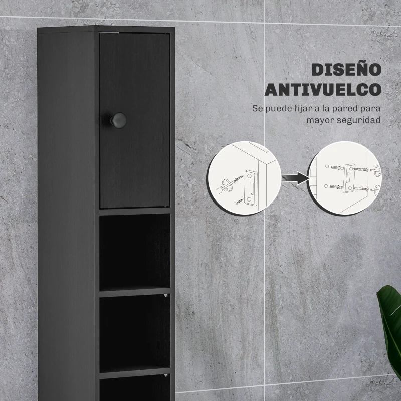 kleankin Armario de Baño Alto Columna de Baño Estrecha con 1 Cajón 4 Estantes Abiertos y Estantes Ajustables 20x20x180 cm Negro
