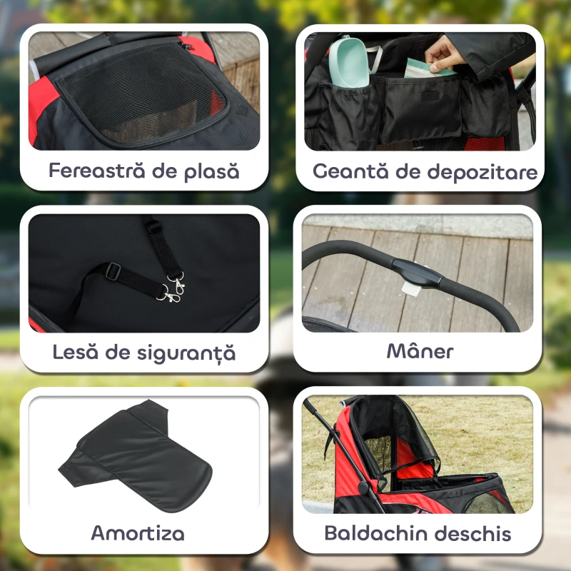 PawHut Cărucior Pliabil pentru Câini de Talie Mare cu Roți Detașabile, Pernă și Lese de Siguranță, 124x67x100 cm, Negru