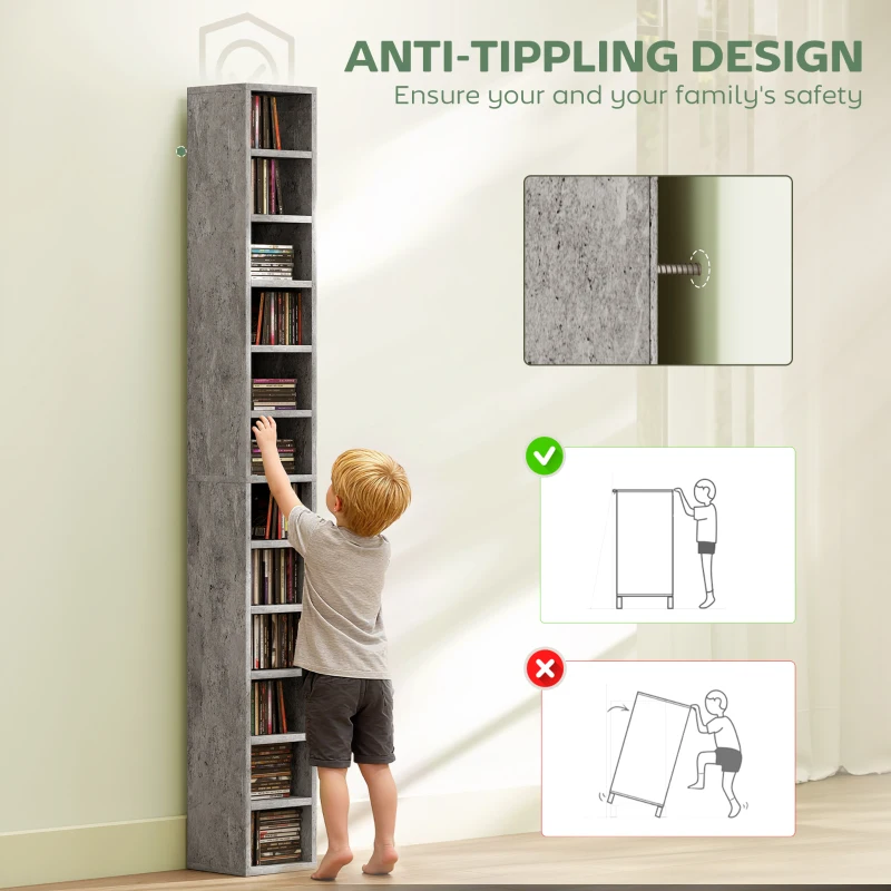 HOMCOM 204 CD Tall Narrow Media Storage Tower - Cement Grey